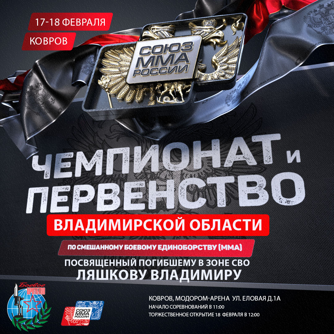 Первенство Владимирской области среди юношей 12-13, 14-15, 16-17 лет и Чемпионата Владимирской области среди мужчин 18 лет и старше по смешанному боевому единоборству (ММА) 2024 посвященный памяти разведчика СВО Ляшкова Владимира